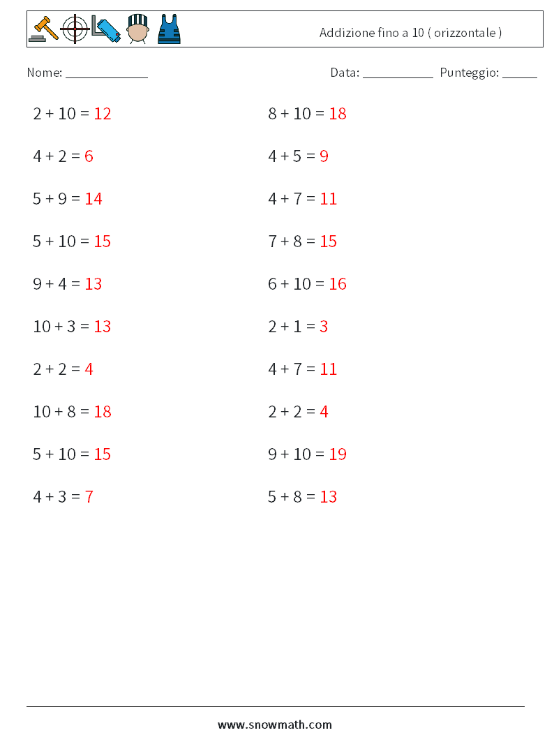 (20) Addizione fino a 10 ( orizzontale ) Fogli di lavoro di matematica 7 Domanda, Risposta