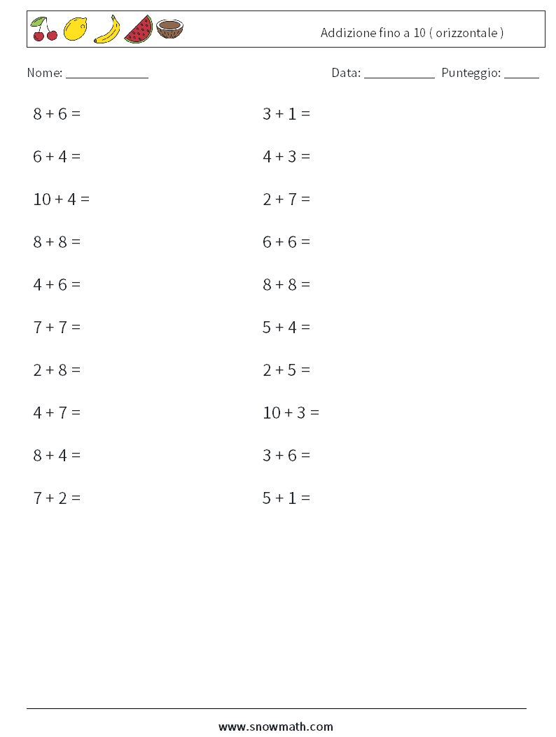 (20) Addizione fino a 10 ( orizzontale ) Fogli di lavoro di matematica 8