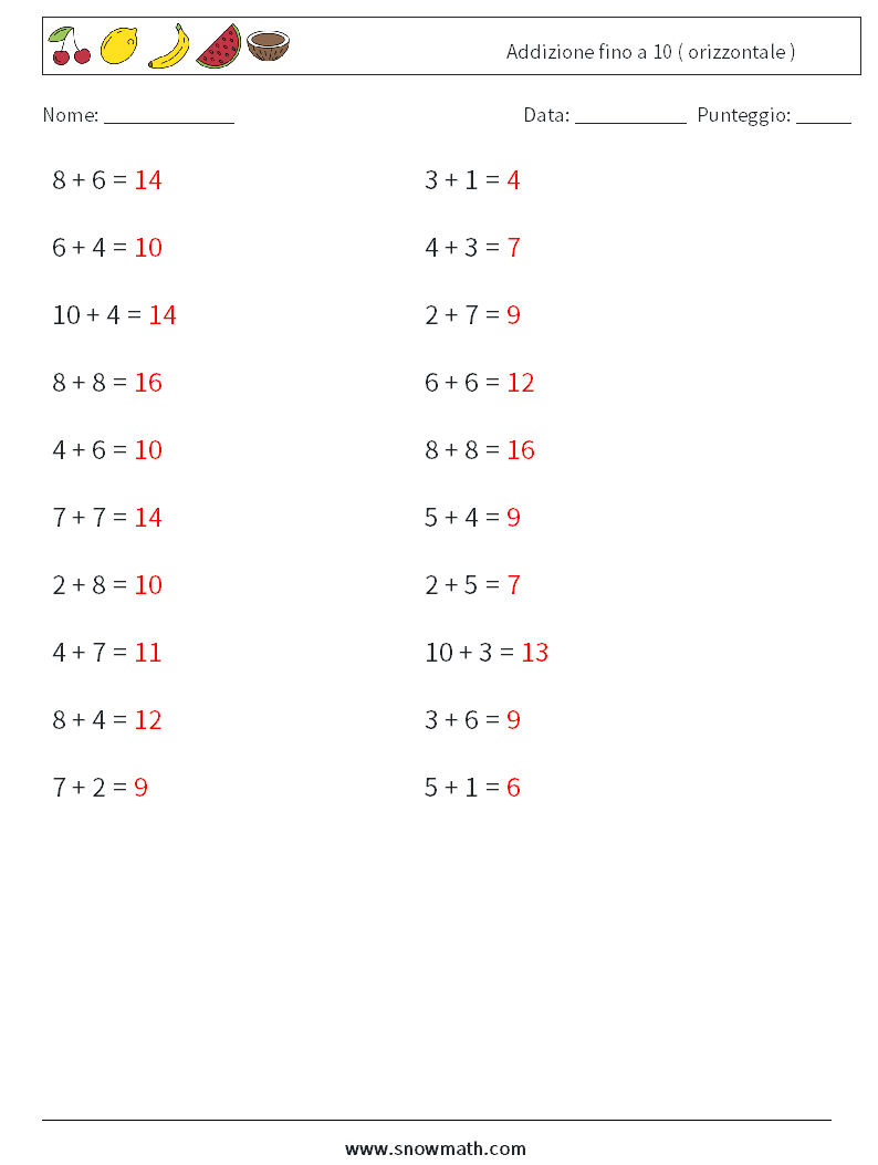 (20) Addizione fino a 10 ( orizzontale ) Fogli di lavoro di matematica 8 Domanda, Risposta