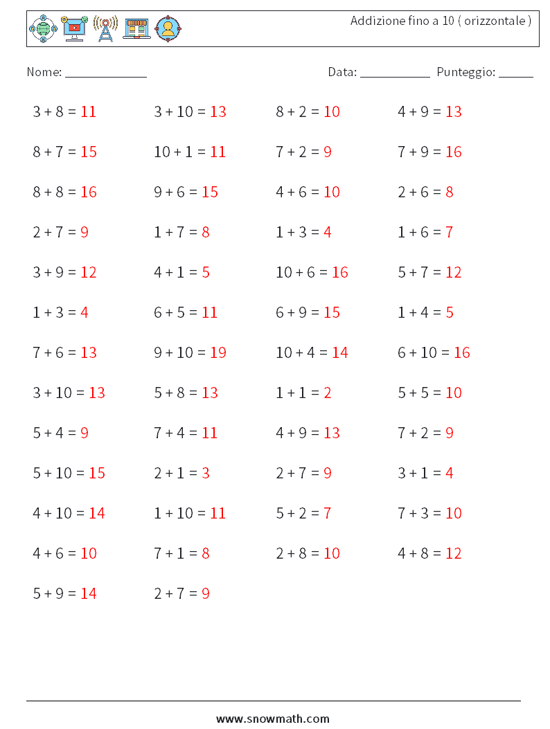 (50) Addizione fino a 10 ( orizzontale ) Fogli di lavoro di matematica 1 Domanda, Risposta