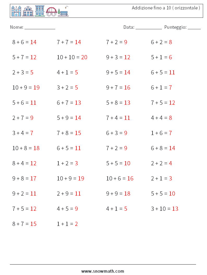 (50) Addizione fino a 10 ( orizzontale ) Fogli di lavoro di matematica 2 Domanda, Risposta