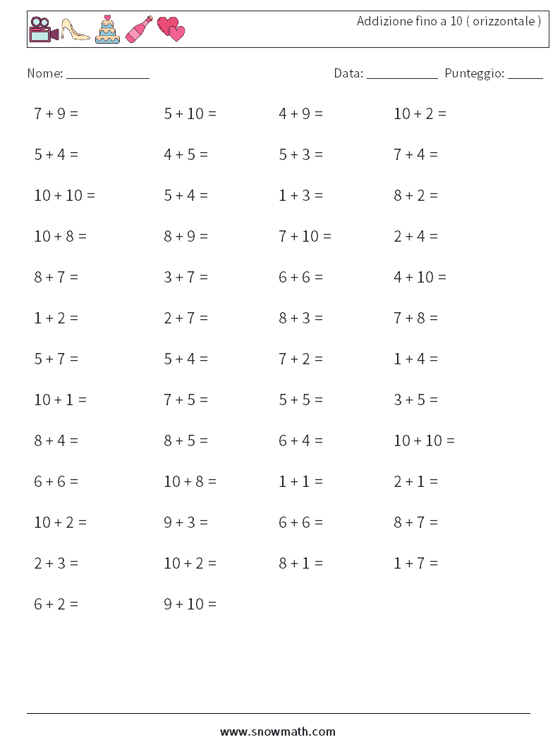 (50) Addizione fino a 10 ( orizzontale ) Fogli di lavoro di matematica 3