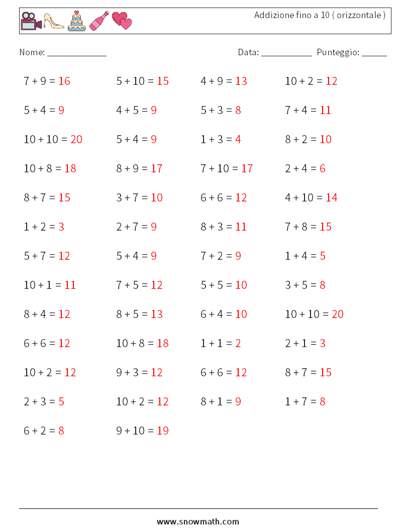(50) Addizione fino a 10 ( orizzontale ) Fogli di lavoro di matematica 3 Domanda, Risposta