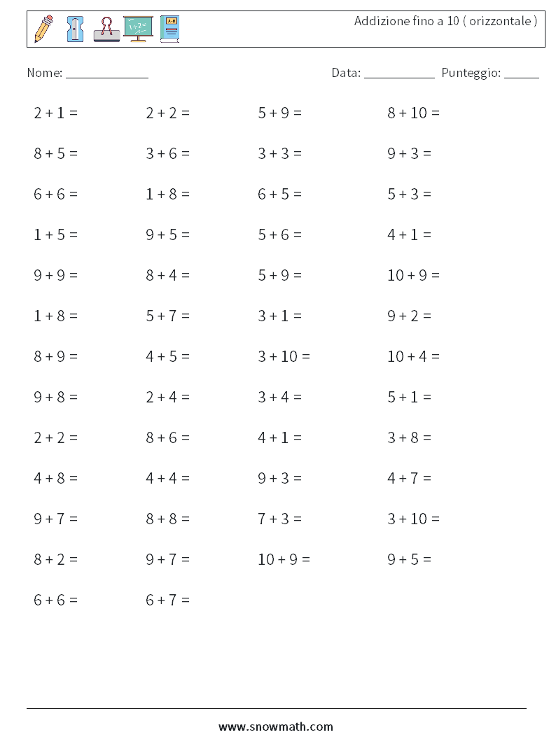 (50) Addizione fino a 10 ( orizzontale ) Fogli di lavoro di matematica 4