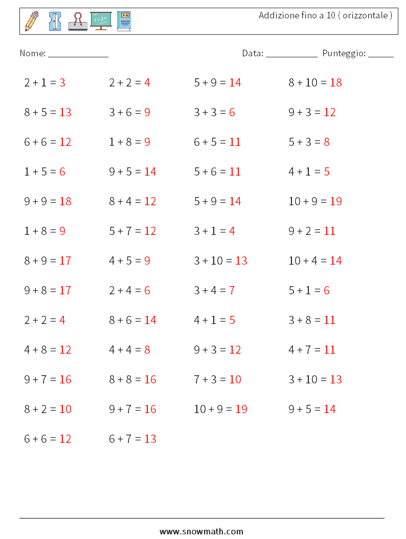(50) Addizione fino a 10 ( orizzontale ) Fogli di lavoro di matematica 4 Domanda, Risposta