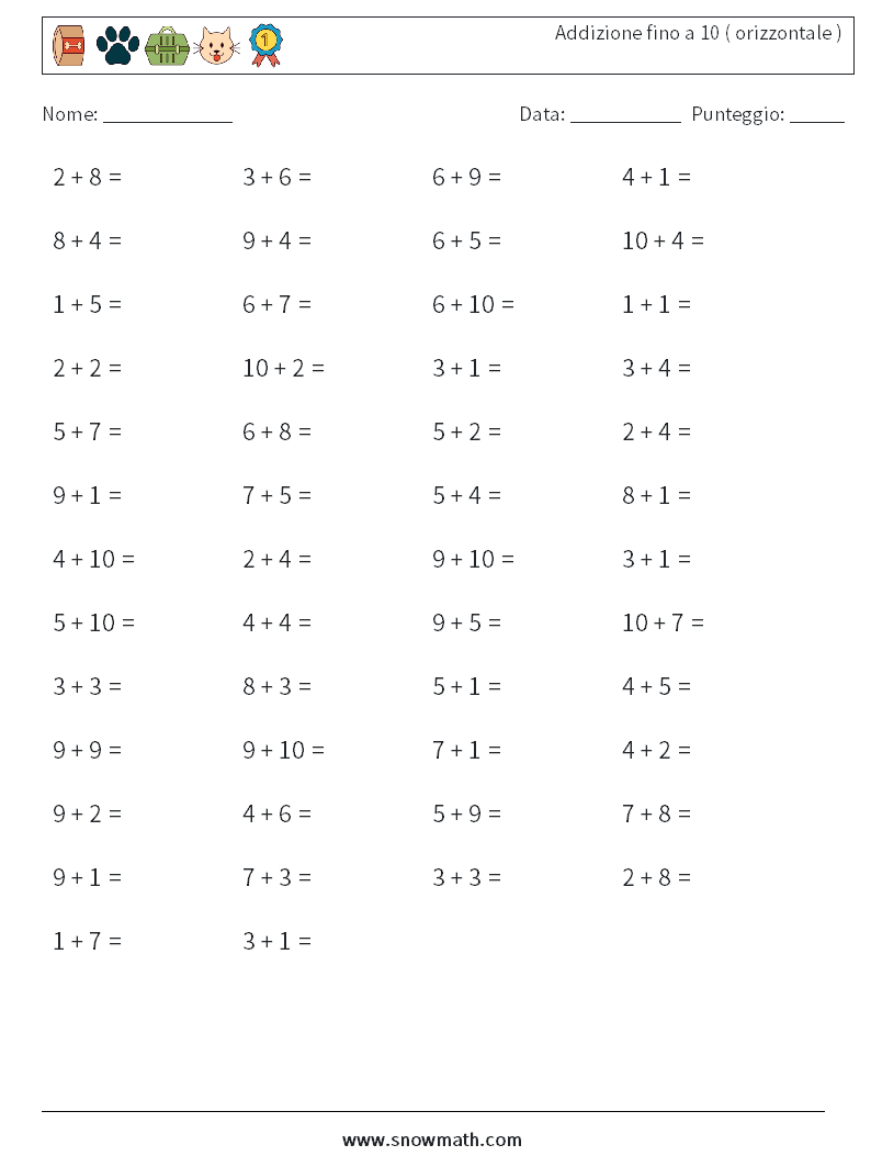 (50) Addizione fino a 10 ( orizzontale ) Fogli di lavoro di matematica 5