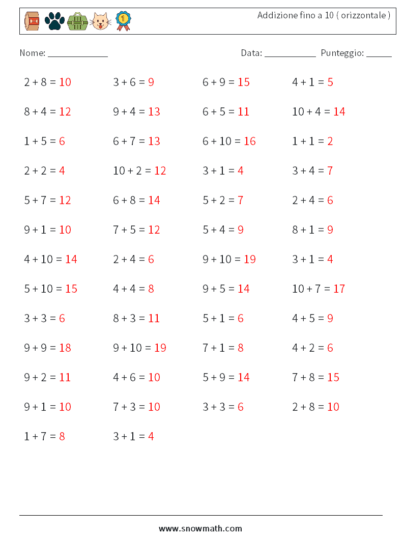 (50) Addizione fino a 10 ( orizzontale ) Fogli di lavoro di matematica 5 Domanda, Risposta