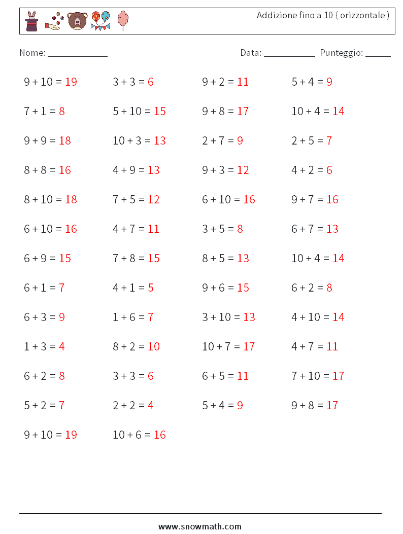 (50) Addizione fino a 10 ( orizzontale ) Fogli di lavoro di matematica 6 Domanda, Risposta