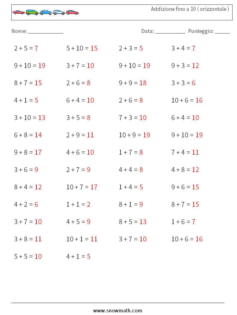 (50) Addizione fino a 10 ( orizzontale ) Fogli di lavoro di matematica 7 Domanda, Risposta