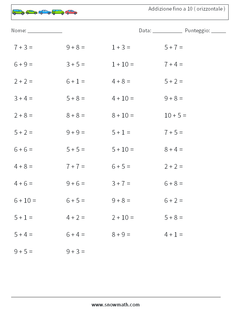 (50) Addizione fino a 10 ( orizzontale ) Fogli di lavoro di matematica 8