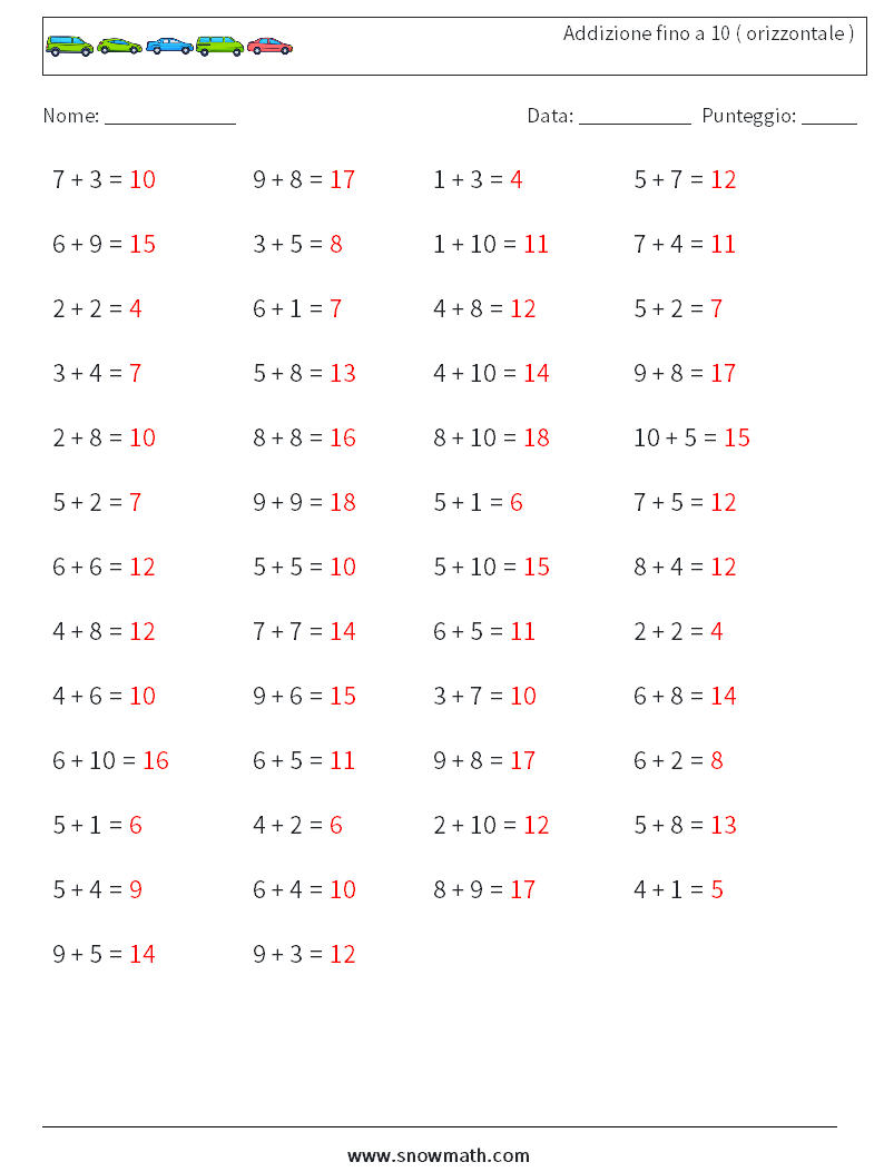 (50) Addizione fino a 10 ( orizzontale ) Fogli di lavoro di matematica 8 Domanda, Risposta