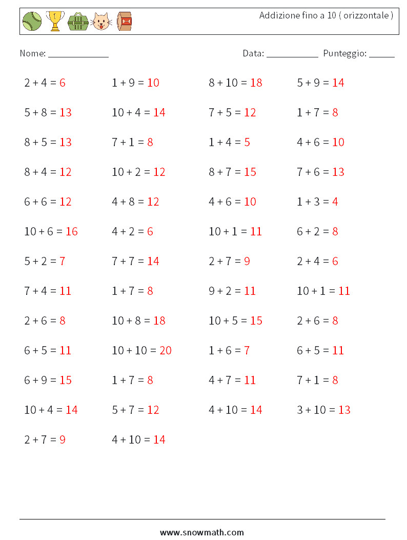 (50) Addizione fino a 10 ( orizzontale ) Fogli di lavoro di matematica 9 Domanda, Risposta