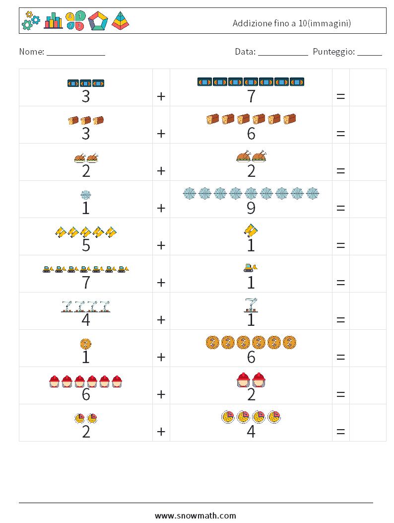 Addizione fino a 10(immagini) Fogli di lavoro di matematica 1