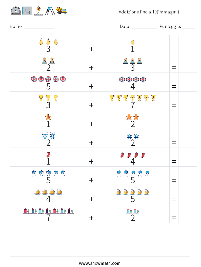Addizione fino a 10(immagini) Fogli di lavoro di matematica 10