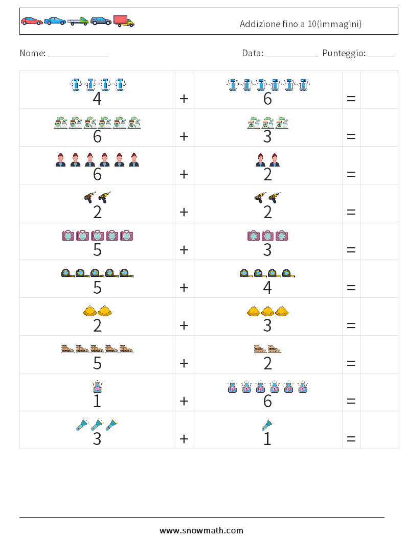 Addizione fino a 10(immagini) Fogli di lavoro di matematica 11