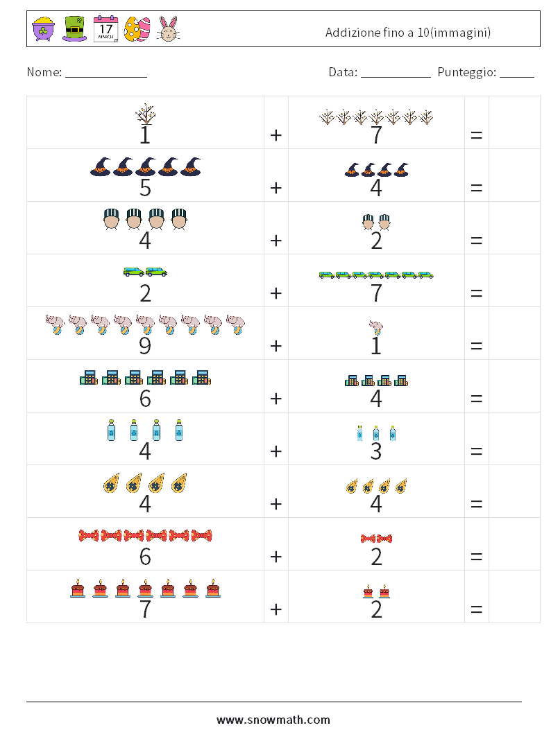 Addizione fino a 10(immagini) Fogli di lavoro di matematica 12
