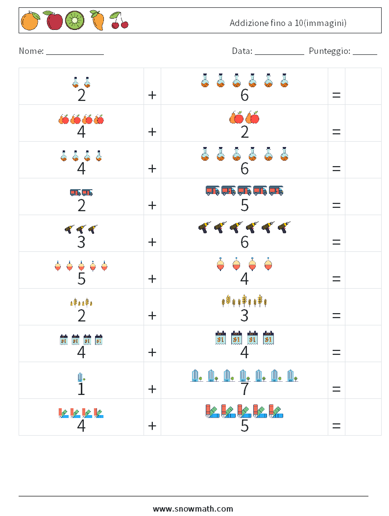 Addizione fino a 10(immagini) Fogli di lavoro di matematica 13