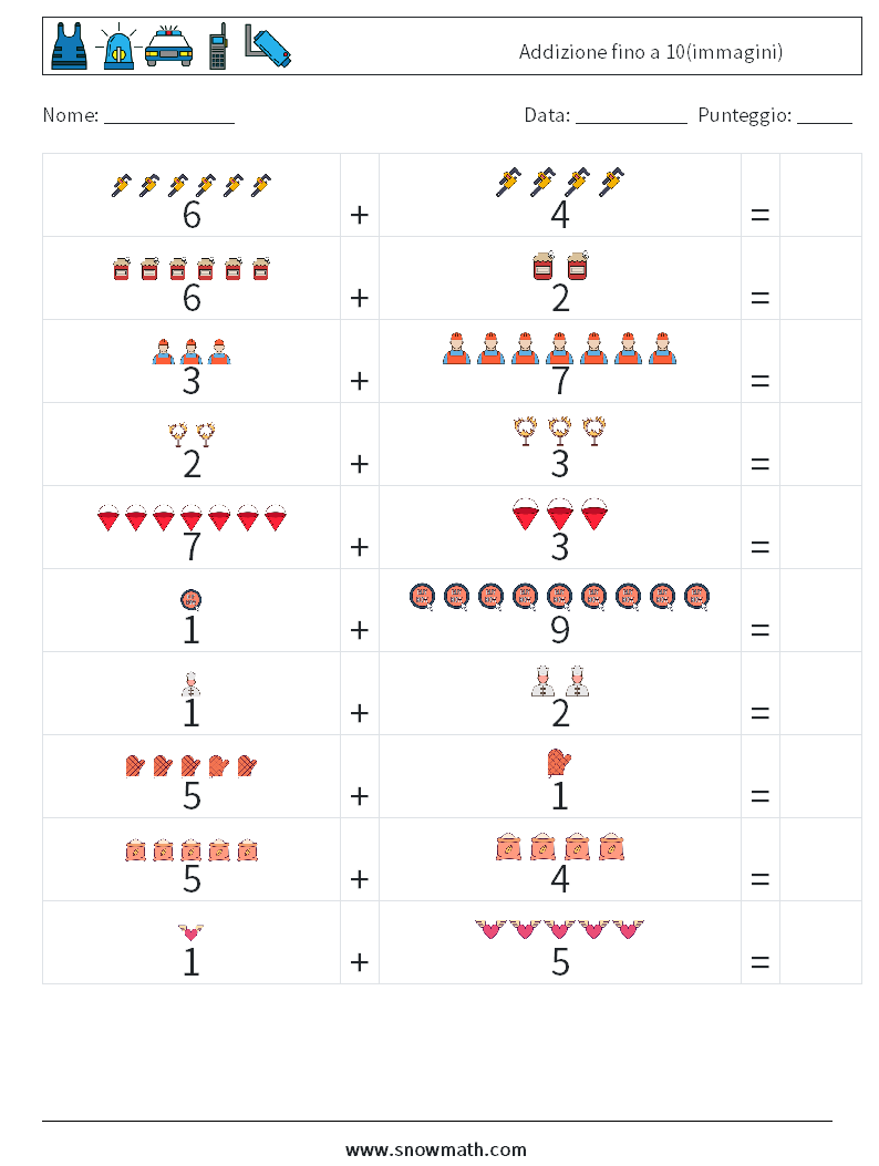 Addizione fino a 10(immagini) Fogli di lavoro di matematica 14