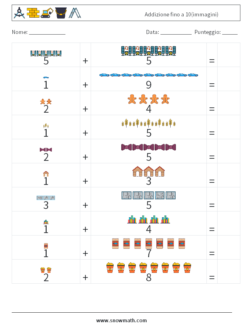 Addizione fino a 10(immagini) Fogli di lavoro di matematica 15