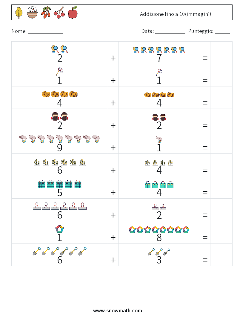 Addizione fino a 10(immagini) Fogli di lavoro di matematica 16