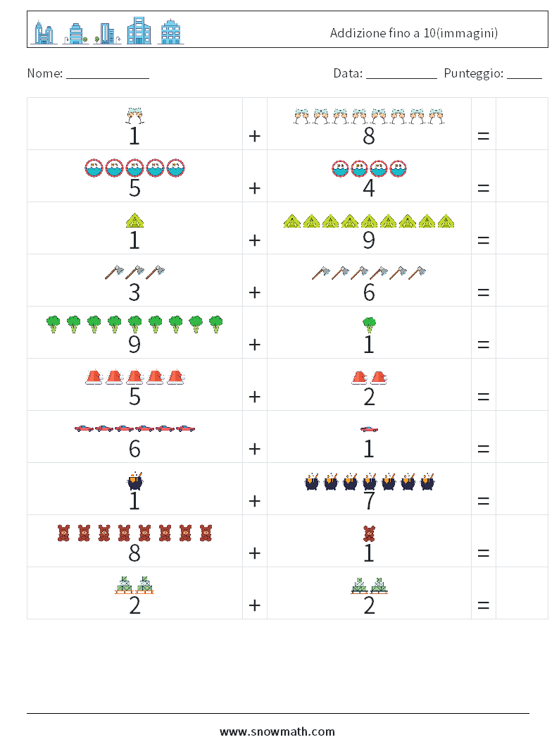 Addizione fino a 10(immagini) Fogli di lavoro di matematica 17