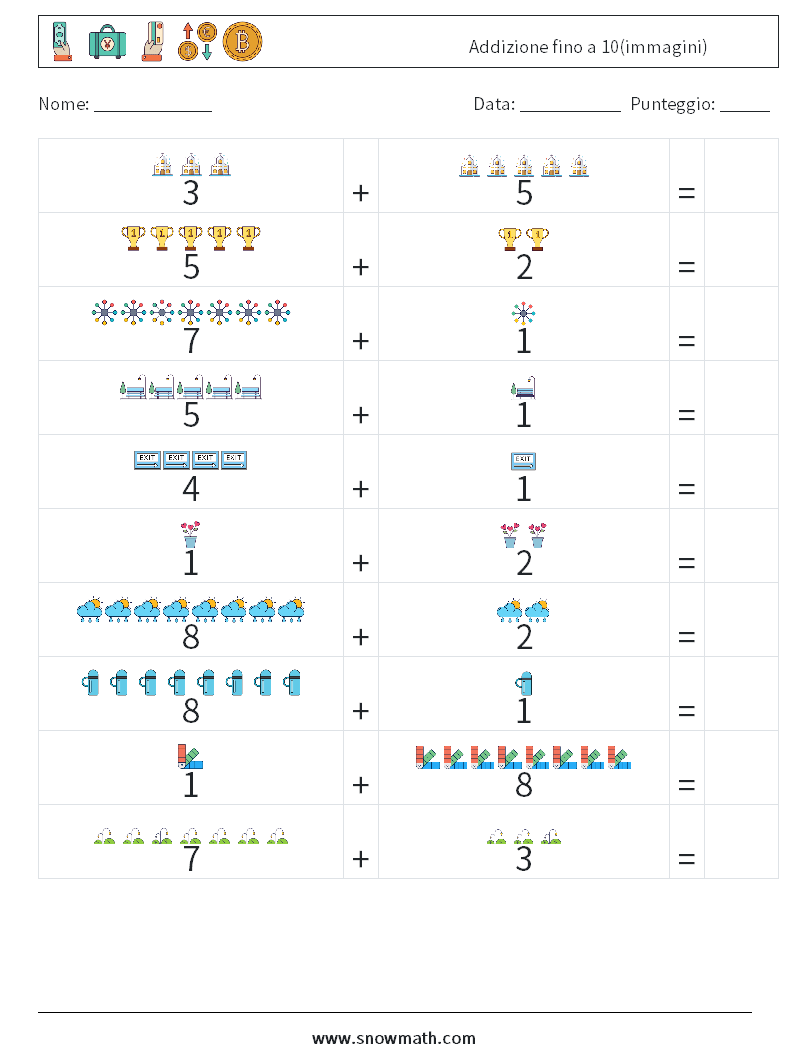 Addizione fino a 10(immagini) Fogli di lavoro di matematica 2