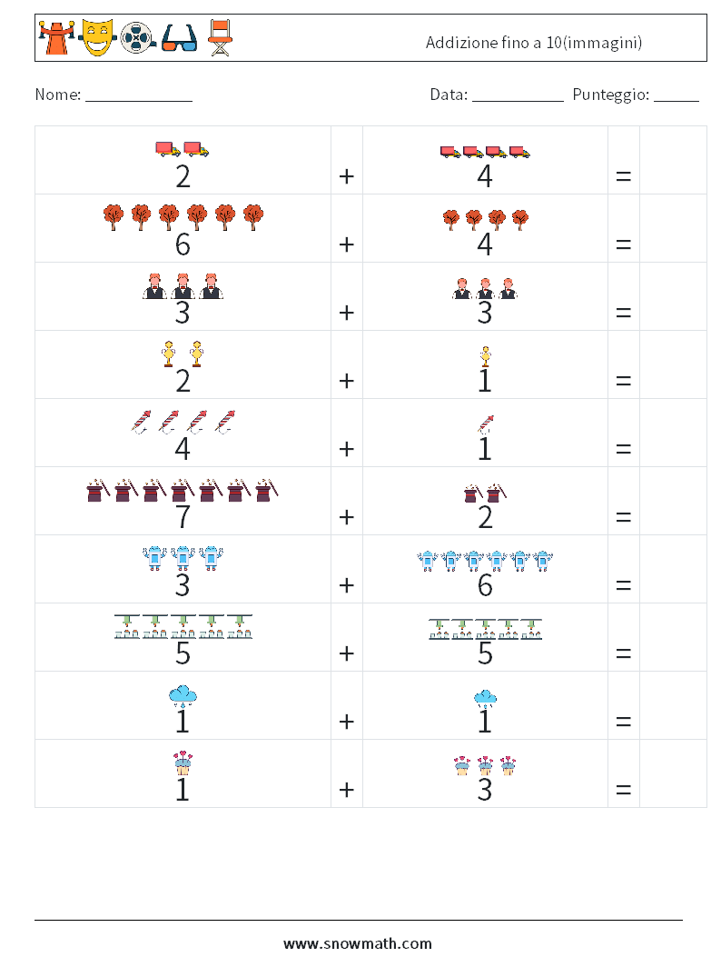 Addizione fino a 10(immagini) Fogli di lavoro di matematica 3