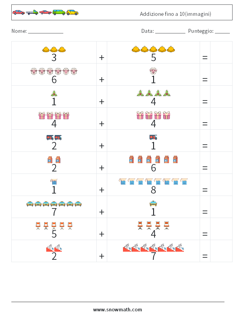 Addizione fino a 10(immagini) Fogli di lavoro di matematica 4