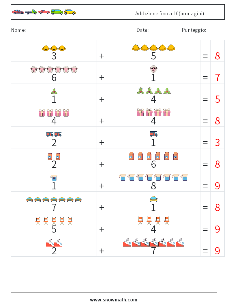 Addizione fino a 10(immagini) Fogli di lavoro di matematica 4 Domanda, Risposta