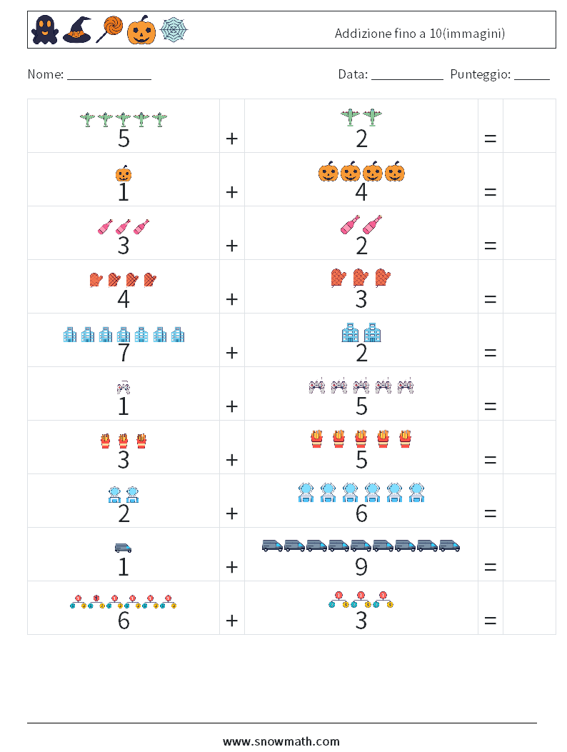 Addizione fino a 10(immagini) Fogli di lavoro di matematica 5
