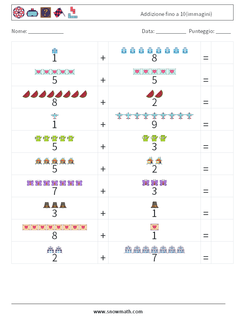 Addizione fino a 10(immagini) Fogli di lavoro di matematica 6