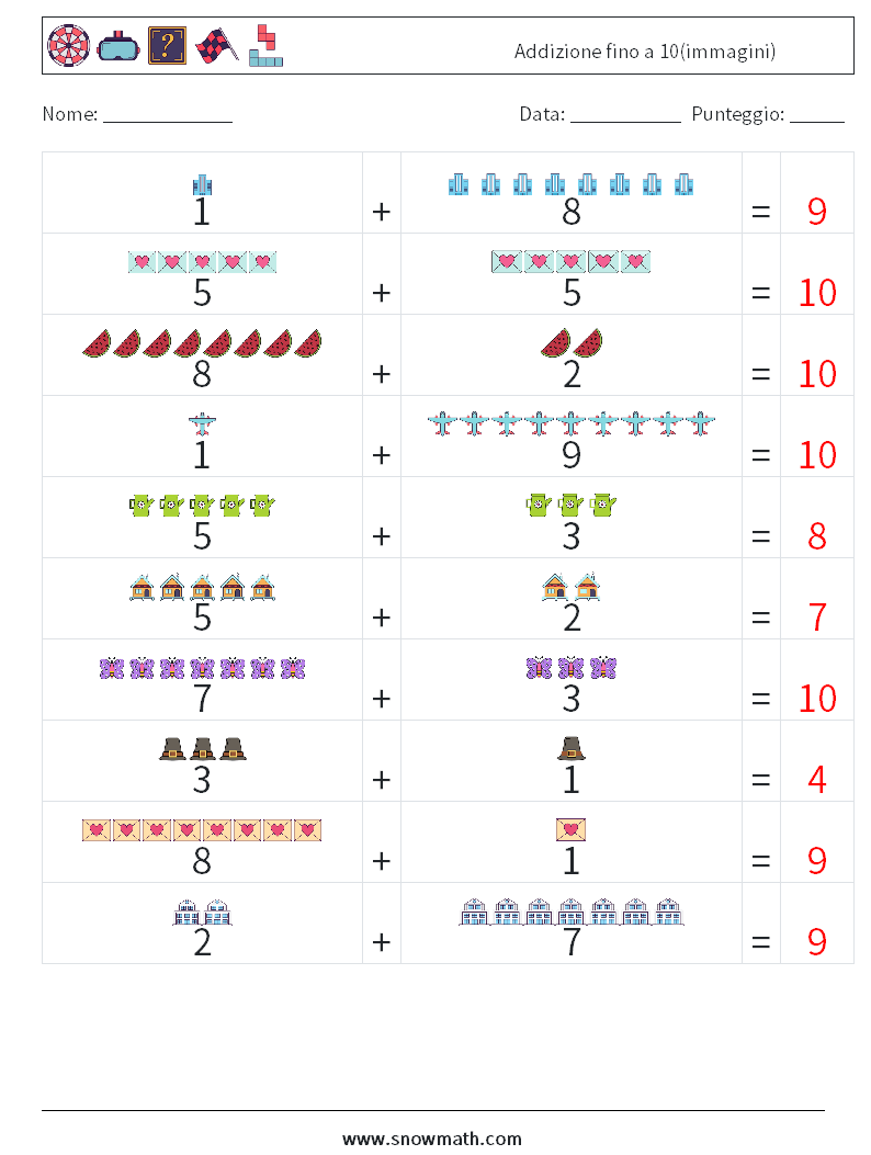Addizione fino a 10(immagini) Fogli di lavoro di matematica 6 Domanda, Risposta