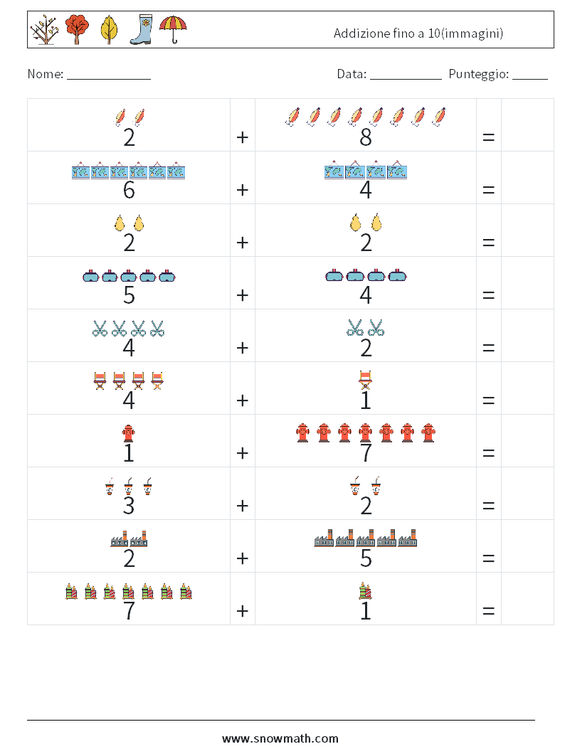 Addizione fino a 10(immagini) Fogli di lavoro di matematica 7