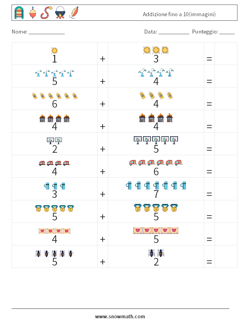 Addizione fino a 10(immagini) Fogli di lavoro di matematica 8