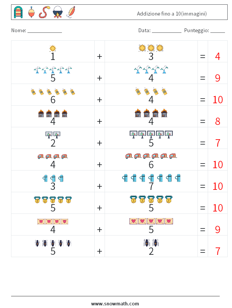 Addizione fino a 10(immagini) Fogli di lavoro di matematica 8 Domanda, Risposta