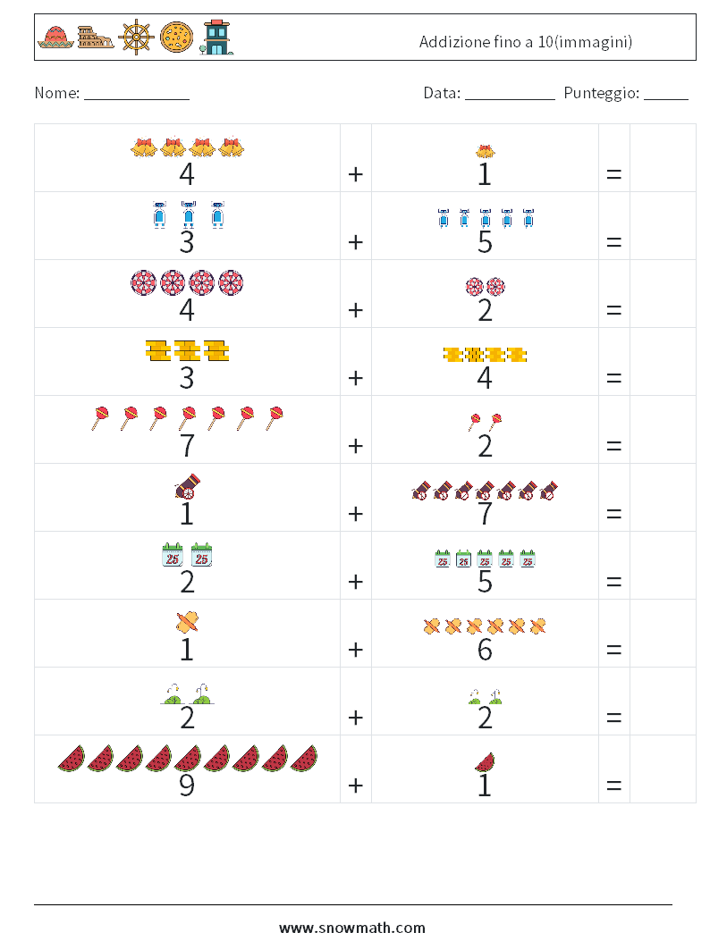 Addizione fino a 10(immagini) Fogli di lavoro di matematica 9