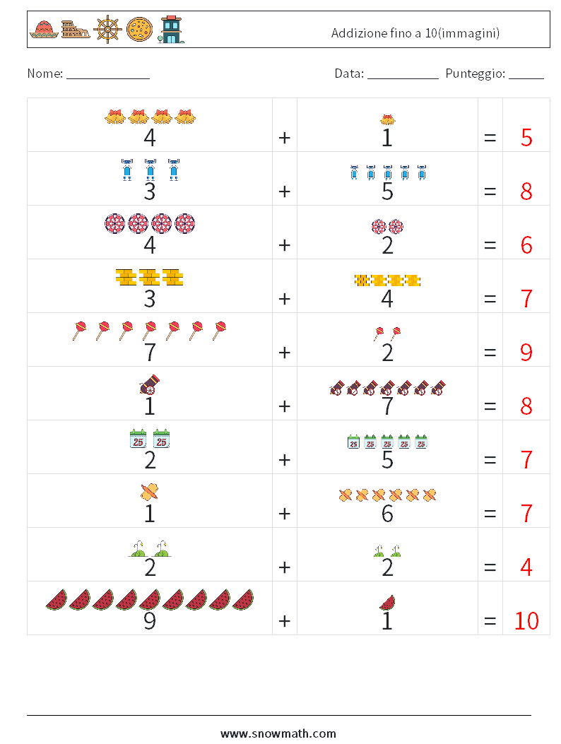 Addizione fino a 10(immagini) Fogli di lavoro di matematica 9 Domanda, Risposta