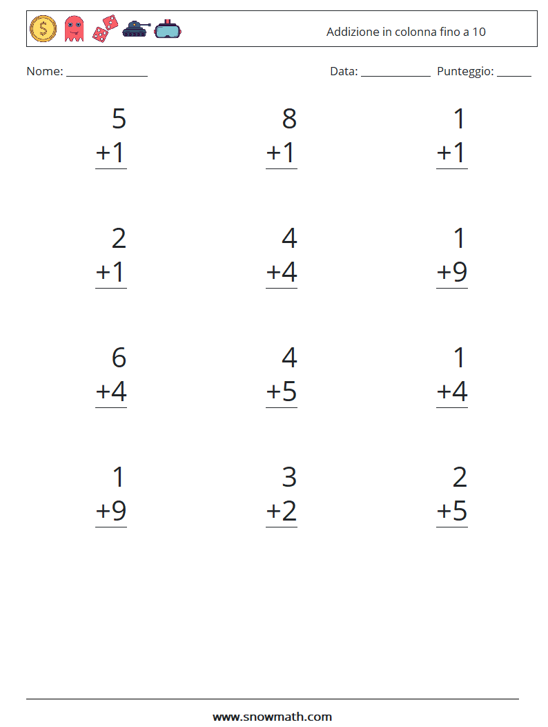 (12) Addizione in colonna fino a 10 Fogli di lavoro di matematica 1