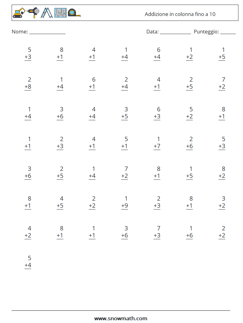 (50) Addizione in colonna fino a 10 Fogli di lavoro di matematica 1