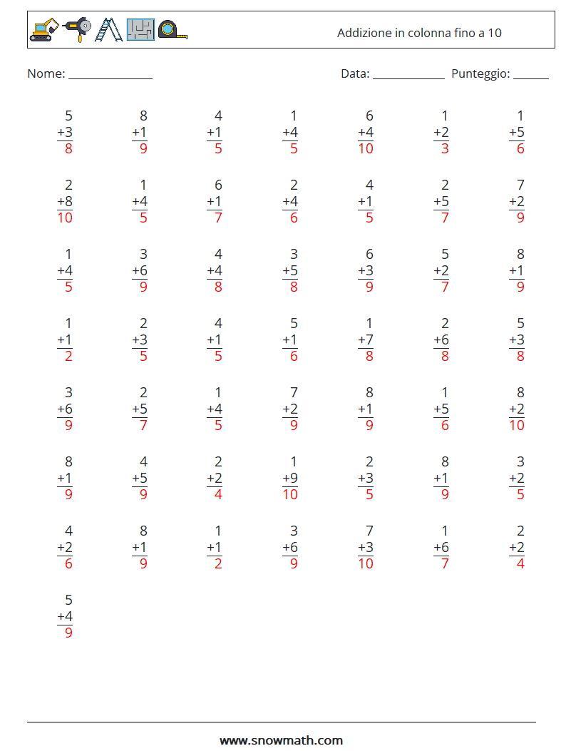 (50) Addizione in colonna fino a 10 Fogli di lavoro di matematica 1 Domanda, Risposta