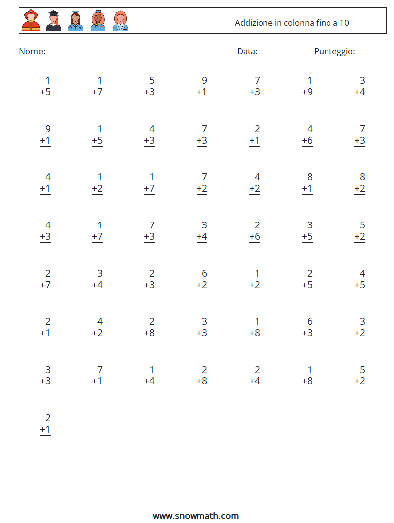 (50) Addizione in colonna fino a 10 Fogli di lavoro di matematica 2