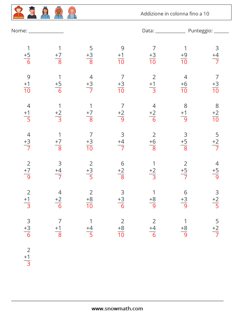 (50) Addizione in colonna fino a 10 Fogli di lavoro di matematica 2 Domanda, Risposta