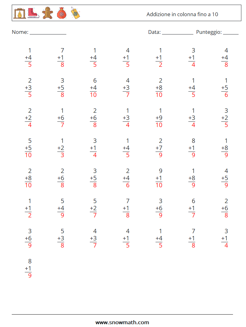(50) Addizione in colonna fino a 10 Fogli di lavoro di matematica 3 Domanda, Risposta