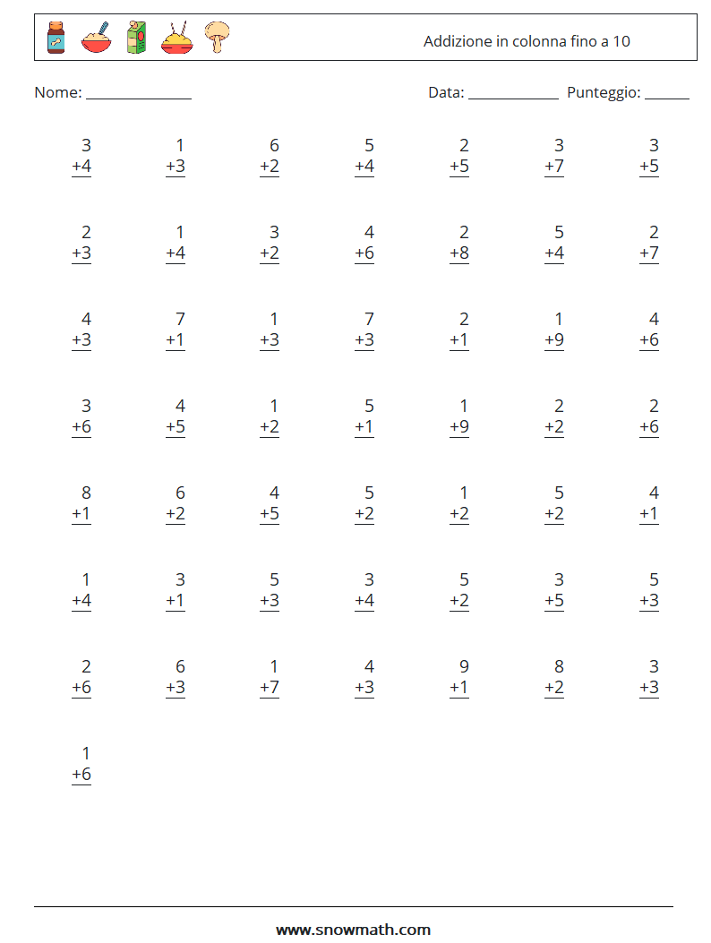 (50) Addizione in colonna fino a 10 Fogli di lavoro di matematica 4