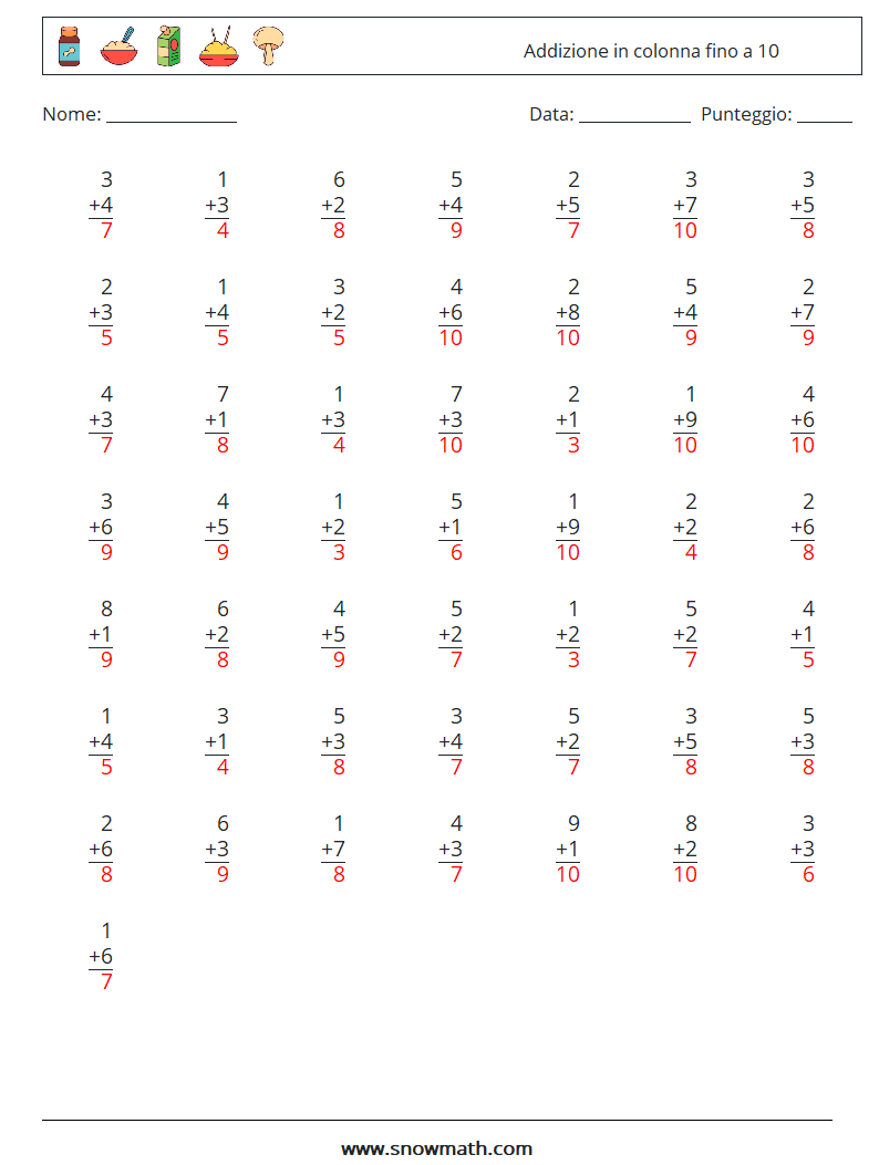 (50) Addizione in colonna fino a 10 Fogli di lavoro di matematica 4 Domanda, Risposta