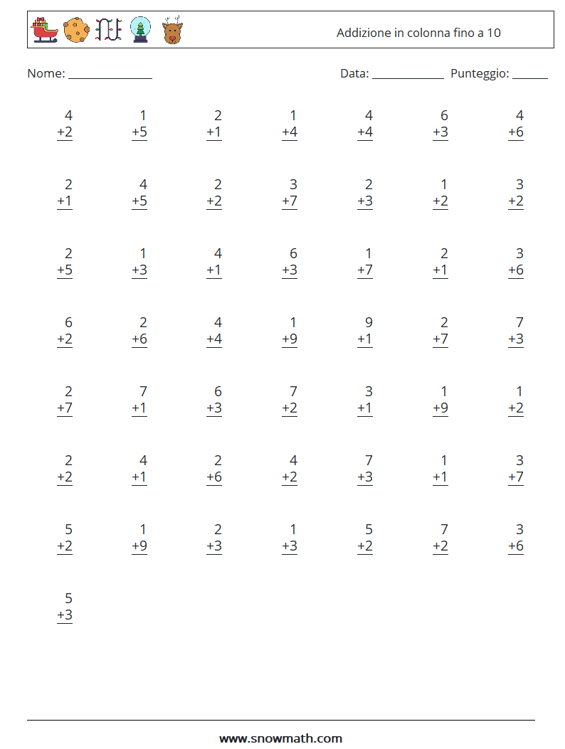 (50) Addizione in colonna fino a 10 Fogli di lavoro di matematica 7