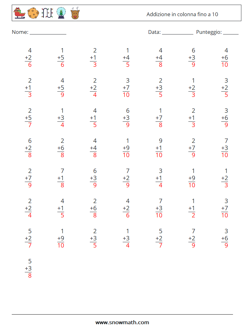 (50) Addizione in colonna fino a 10 Fogli di lavoro di matematica 7 Domanda, Risposta