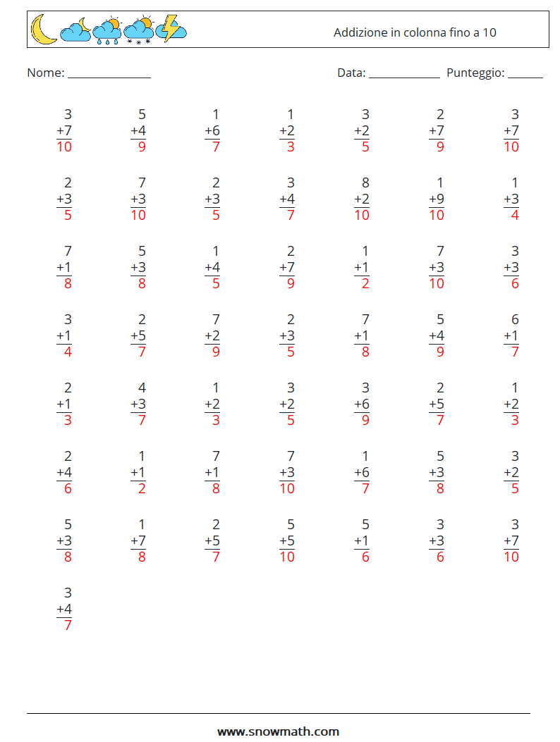 (50) Addizione in colonna fino a 10 Fogli di lavoro di matematica 8 Domanda, Risposta