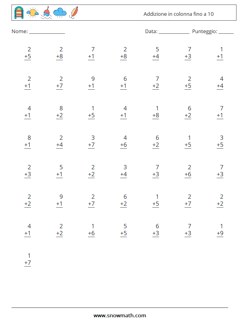 (50) Addizione in colonna fino a 10 Fogli di lavoro di matematica 9