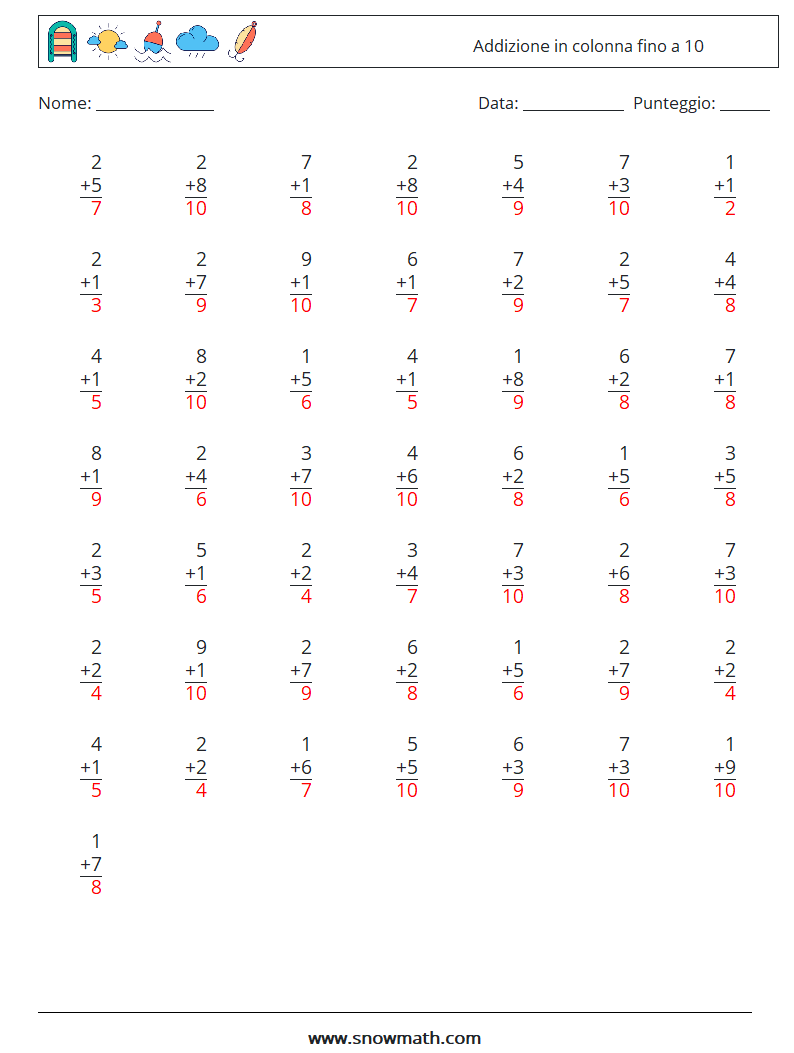 (50) Addizione in colonna fino a 10 Fogli di lavoro di matematica 9 Domanda, Risposta
